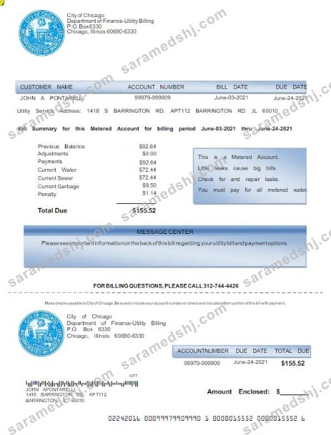USA CITY OF CHICAGO utility bill Word and PDF template